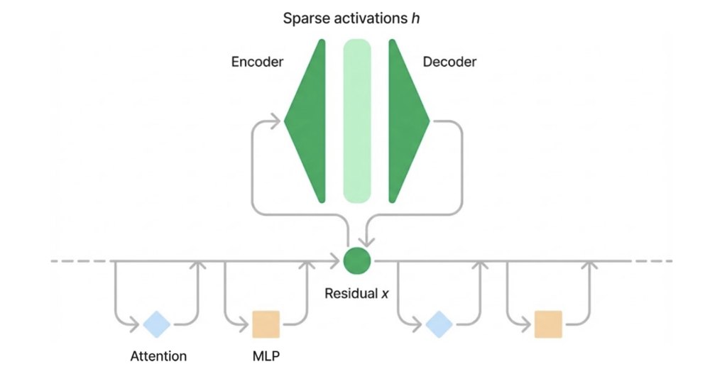 Diagram of a sparse autoencoder reading a transformer's residual stream